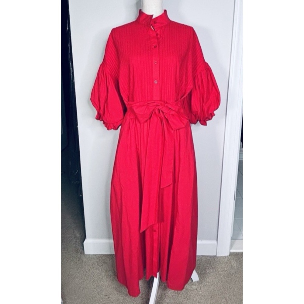 Marielle Almelo Crimson Button-Front Midi Cotton Puff Sleeves Dress  One Size